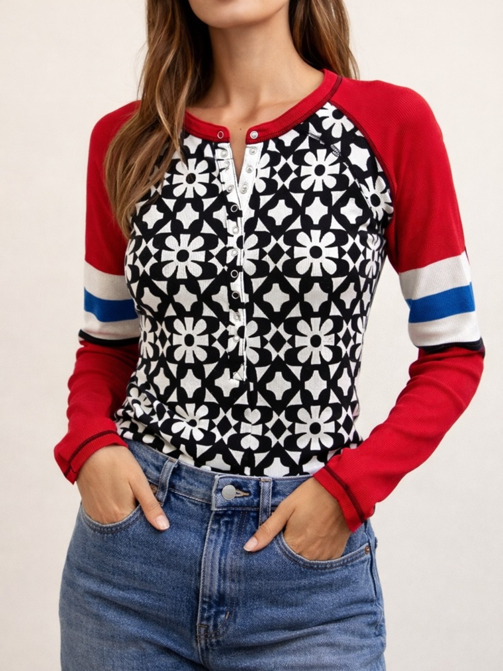 Free People Movement Aspen Onyx Combo Floral Thermal Henley Top XS NWT